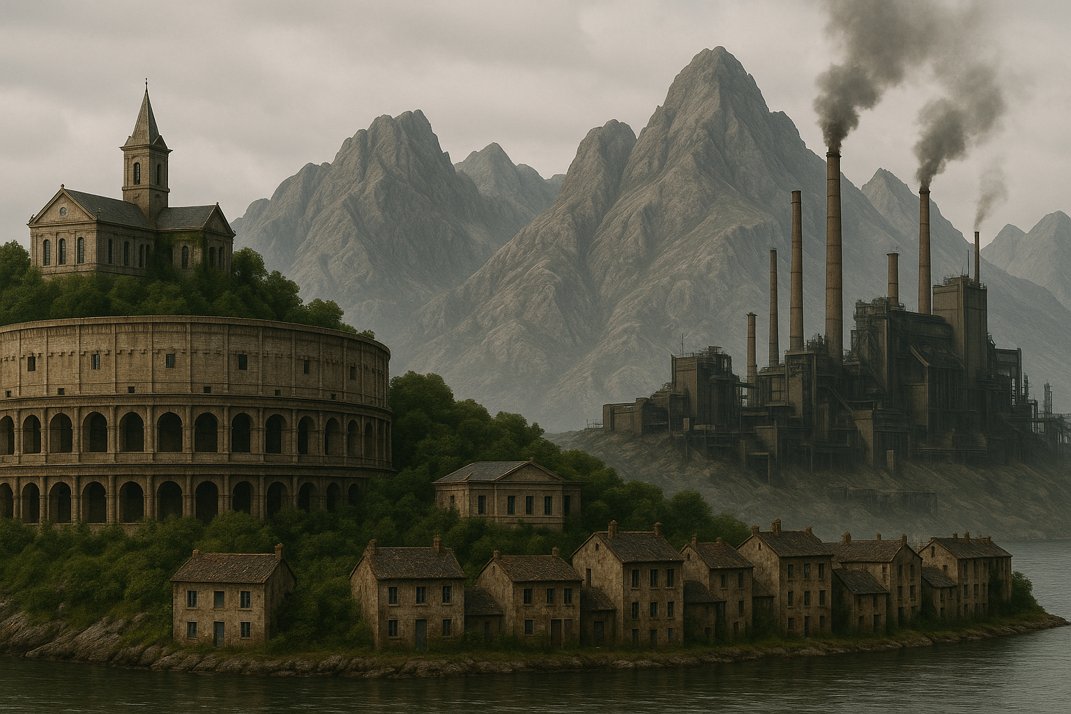 New Erebus Island - dystopian island civilization with crescent colosseum and mountain ranges